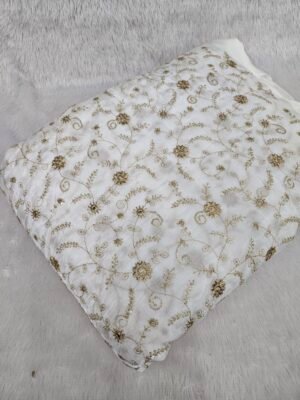 ALLOVER JARI WORK WITH MIRROR SEQUINS EMBROIDERY ON DYEABLE NATURAL CREPE FABRIC