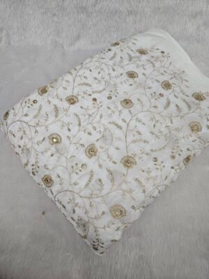 ALLOVER JARI WORK WITH MIRROR SEQUINS EMBROIDERY ON DYEABLE NATURAL CREPE FABRIC