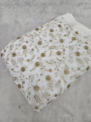 ALLOVER JARI WORK WITH MIRROR SEQUINS EMBROIDERY ON DYEABLE NATURAL CREPE FABRIC