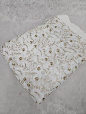 ALLOVER JARI WORK WITH MIRROR SEQUINS EMBROIDERY ON DYEABLE NATURAL CREPE FABRIC