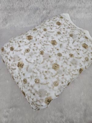 ALLOVER JARI WORK WITH MIRROR SEQUINS EMBROIDERY ON DYEABLE NATURAL CREPE FABRIC