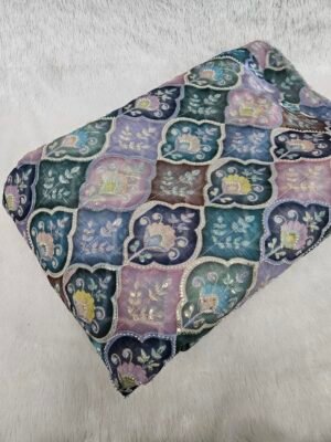 MULTI COLOUR POSITION PRINT WITH CUT DANA BEADS WORK ON JIMMY CHOO FABRIC