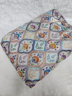 MULTI COLOUR POSITION PRINT WITH CUT DANA BEADS WORK ON JIMMY CHOO FABRIC