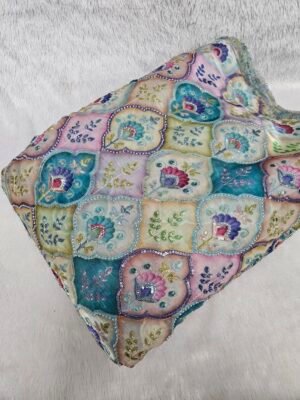 MULTI COLOUR POSITION PRINT WITH CUT DANA BEADS WORK ON JIMMY CHOO FABRIC