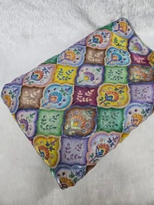 MULTI COLOUR POSITION PRINT WITH CUT DANA BEADS WORK ON JIMMY CHOO FABRIC