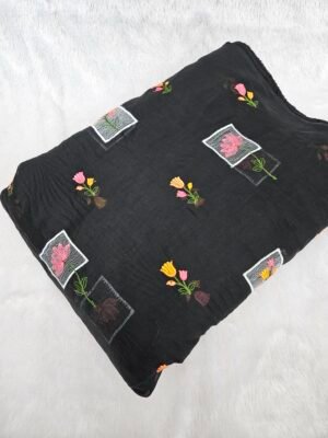 FLORAL THREADWORK WITH SEQUINS ON MUL CHANDERI FABRIC