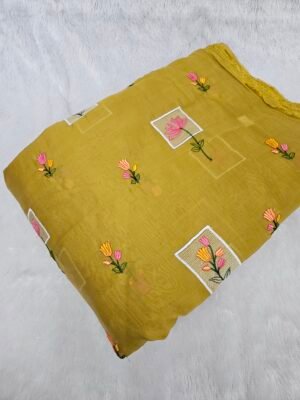 FLORAL THREADWORK WITH SEQUINS ON MUL CHANDERI FABRIC