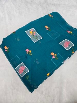 FLORAL THREADWORK WITH SEQUINS ON MUL CHANDERI FABRIC