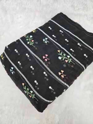 FLORAL THREADWORK WITH SEQUINS ON MUL CHANDERI FABRIC