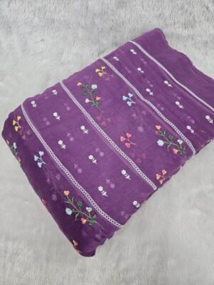 FLORAL THREADWORK WITH SEQUINS ON MUL CHANDERI FABRIC