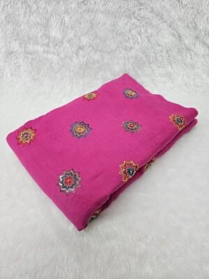 Rani Pink Beads Embroidery Butta On Kora Cotton
