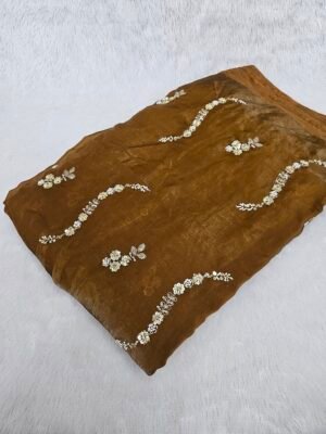 Mustard Beads Embroidery On Space Silk Fabric