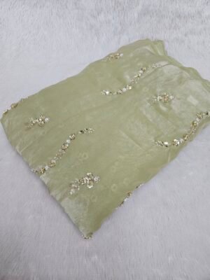 Mint Green Beads Embroidery On Space Silk Fabric