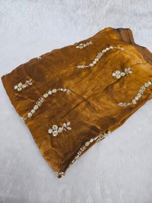 Rust Beads Embroidery On Space Silk Fabric