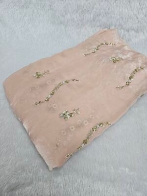 Light Peach Beads Embroidery On Space Silk Fabric