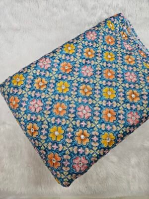 Teal Blue Floral Position Print On Chinon Fabric