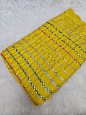 Yellow Line Sequins Embroidery On Chinon Fabric