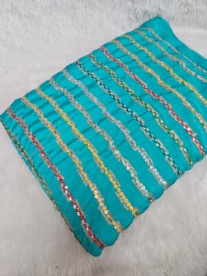 Sea Green Line Sequins Embroidery On Chinon Fabric