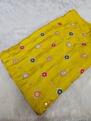 Yellow Butti Embroidery On Chinon Fabric