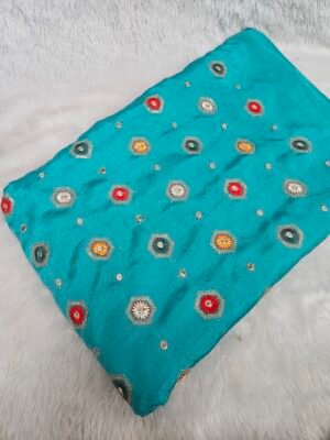 Sea Green Butti Embroidery On Chinon Fabric