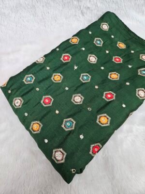 Dark Green Butti Embroidery On Chinon Fabric
