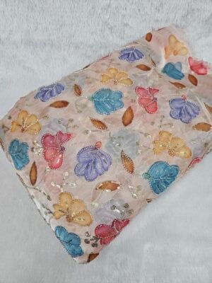 Light Peach Floral Beads With Position Print On Jimmy Choo Fabric