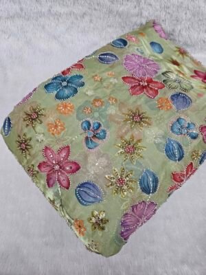 Light Green Floral Beads Embroidery With Position Print On Jimmy Choo Fabric