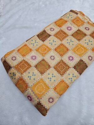 Yellow Jaquard Position Print On Cotton Silk Fabric