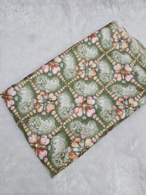 Mehndi Green Sequins Beads Position Print On D-Crepe Fabric