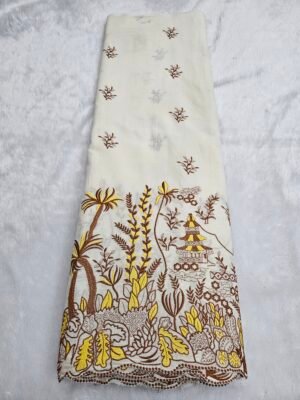 Floral Yellow Thread Embroidery On Kora Mul Cotton Fabric