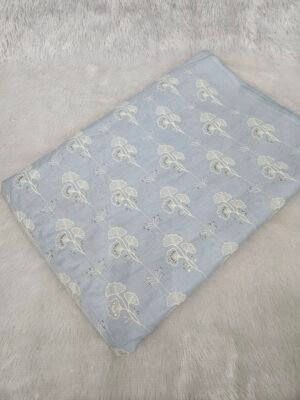 Powder Blue Allover Thread Embroidery On Pure Cambric Cotton
