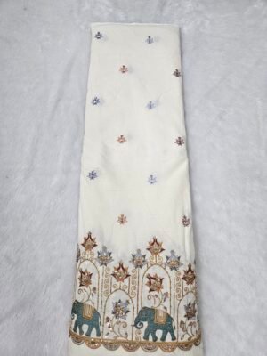 Elephant Multi-Thread Beads Embroidery On Kora Mul Cotton