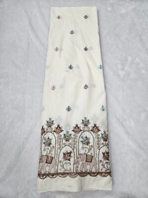 Elephant Multi-Thread Beads Embroidery On Kora Mul Cotton