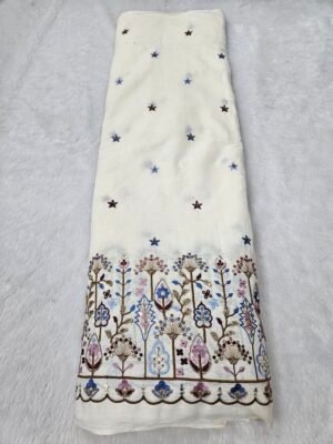 Floral Multi-Thread Beads Embroidery On Kora Mul Cotton