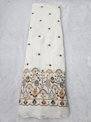 Floral Multi-Thread Beads Embroidery On Kora Mul Cotton