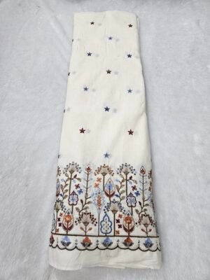 Floral Multi-Thread Beads Embroidery On Kora Mul Cotton