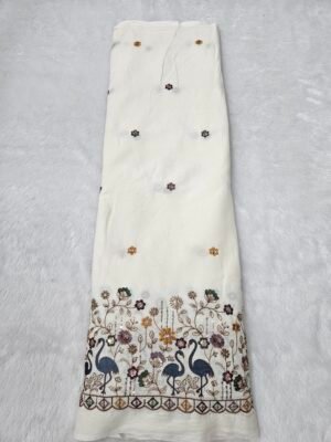 Swan Multi-Thread Beads Embroidery On Kora Mul Cotton