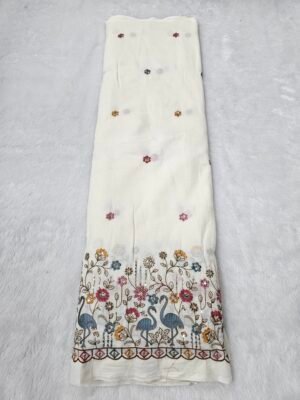 Swan Multi-Thread Beads Embroidery On Kora Mul Cotton