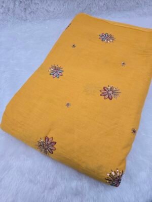 Mustard Yellow Beads Embroidery On Kora Cotton