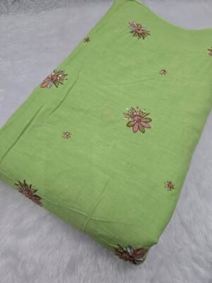 Green Beads Embroidery On Kora Cotton