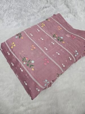 Dusty Onion Thread Embroidery On Mul Chanderi Fabric