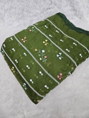 Mehndi Green Thread Embroidery On Mul Chanderi Fabric