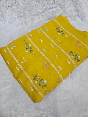 Mustard Yellow Thread Embroidery On Mul Chanderi Fabric