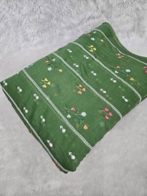 Green Thread Embroidery On Mul Chanderi Fabric