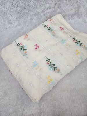 Cream Thread Embroidery On Mul Chanderi Fabric