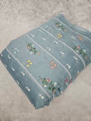 Powder Blue Thread Embroidery On Mul Chanderi Fabric
