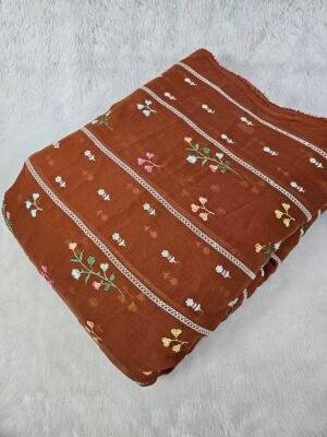 Rust Thread Embroidery On Mul Chanderi Fabric