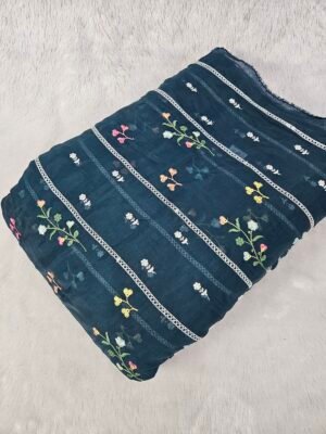 Teal Blue Thread Embroidery On Mul Chanderi Fabric