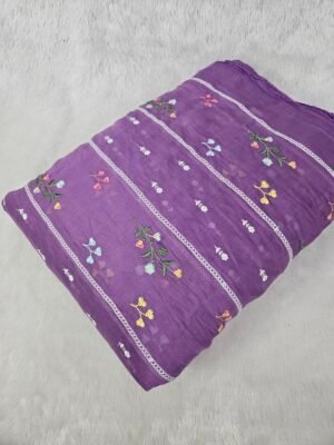 Lavender Thread Embroidery On Mul Chanderi Fabric