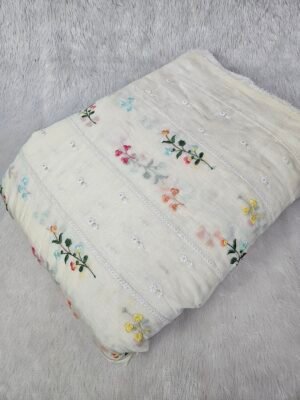 Cream Thread Embroidery On Mul Chanderi Fabric